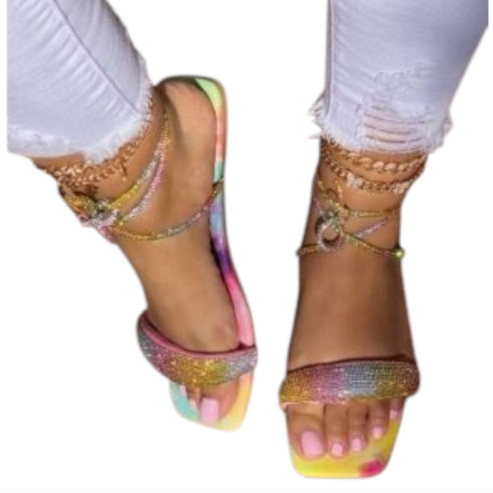 NEW Rainbow Glitter Rhinestone Dopaminecore Beaded  Women's Flat Sandal